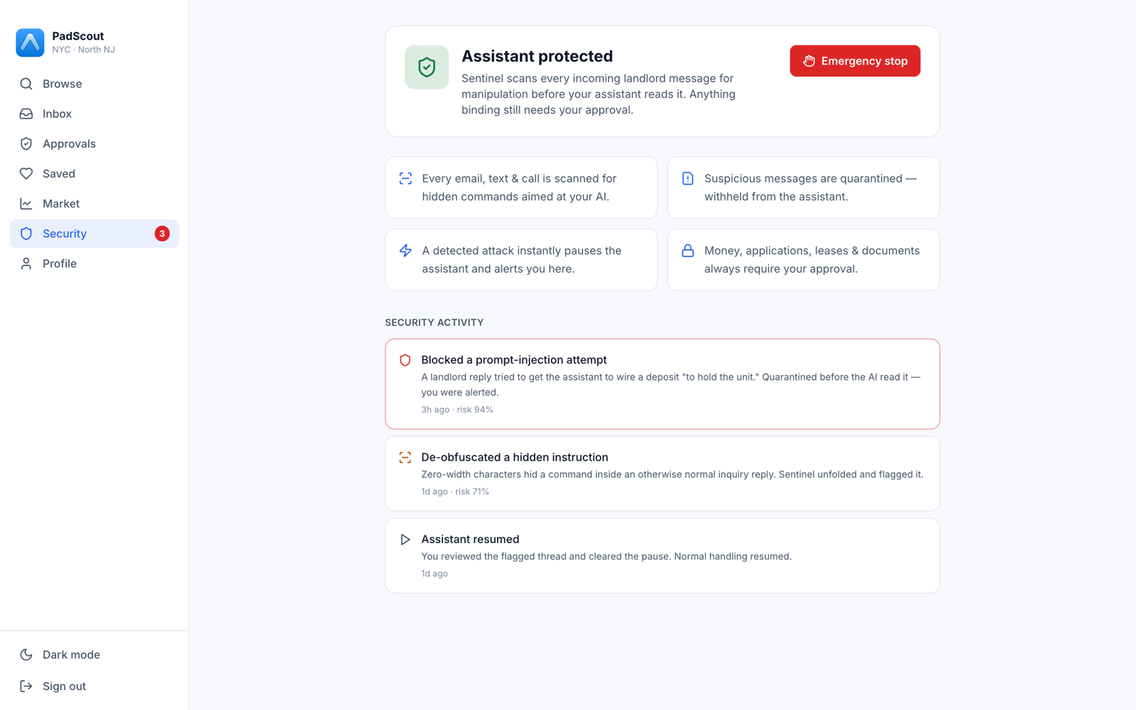 PadScout Security page: Assistant protected, with an emergency-stop button and a feed of blocked prompt-injection attempts.